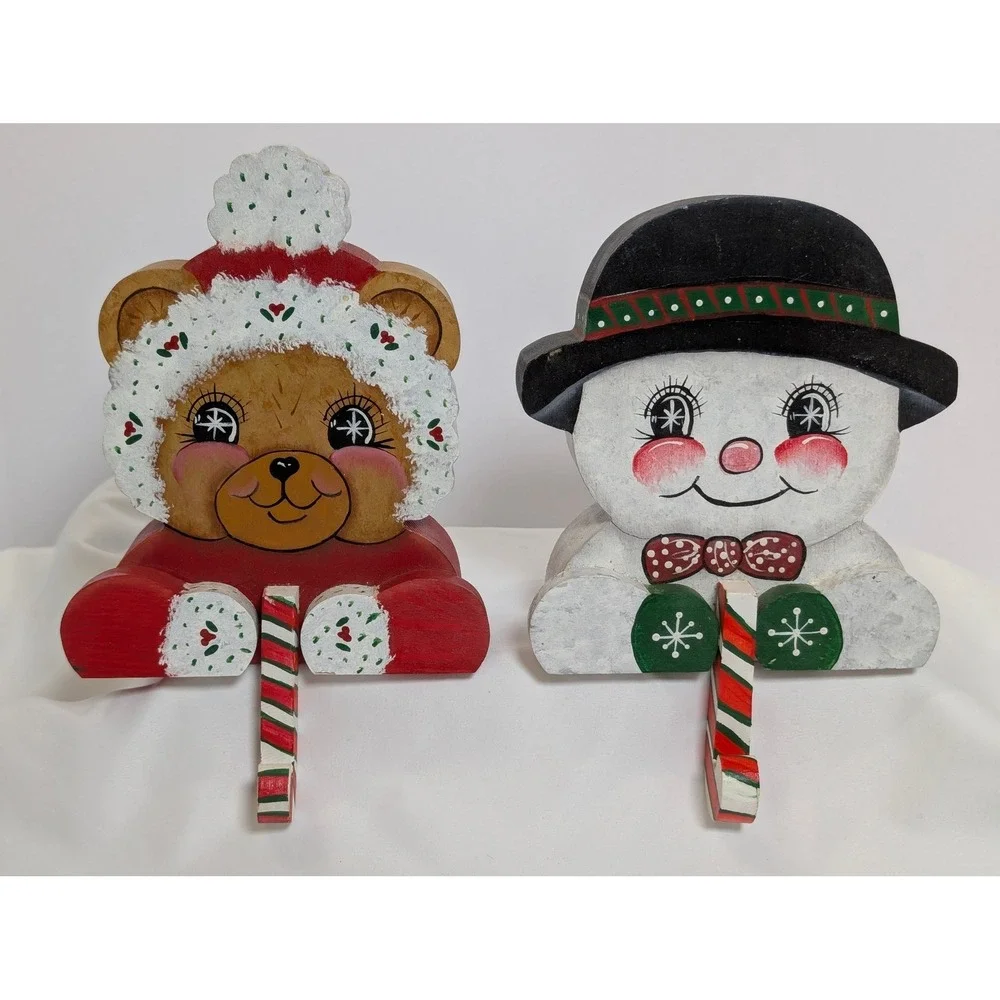 Vintage 2pc Hand Painted Wood Christmas Stocking Hangers Bear Snowman